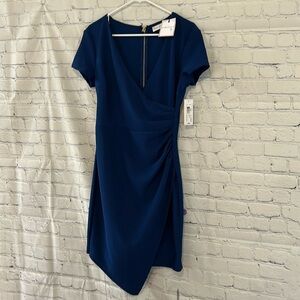 NWT BISOU BISOU Blue Ruched Detailed Asymmetrical Fitted V neck Dress SZ 8